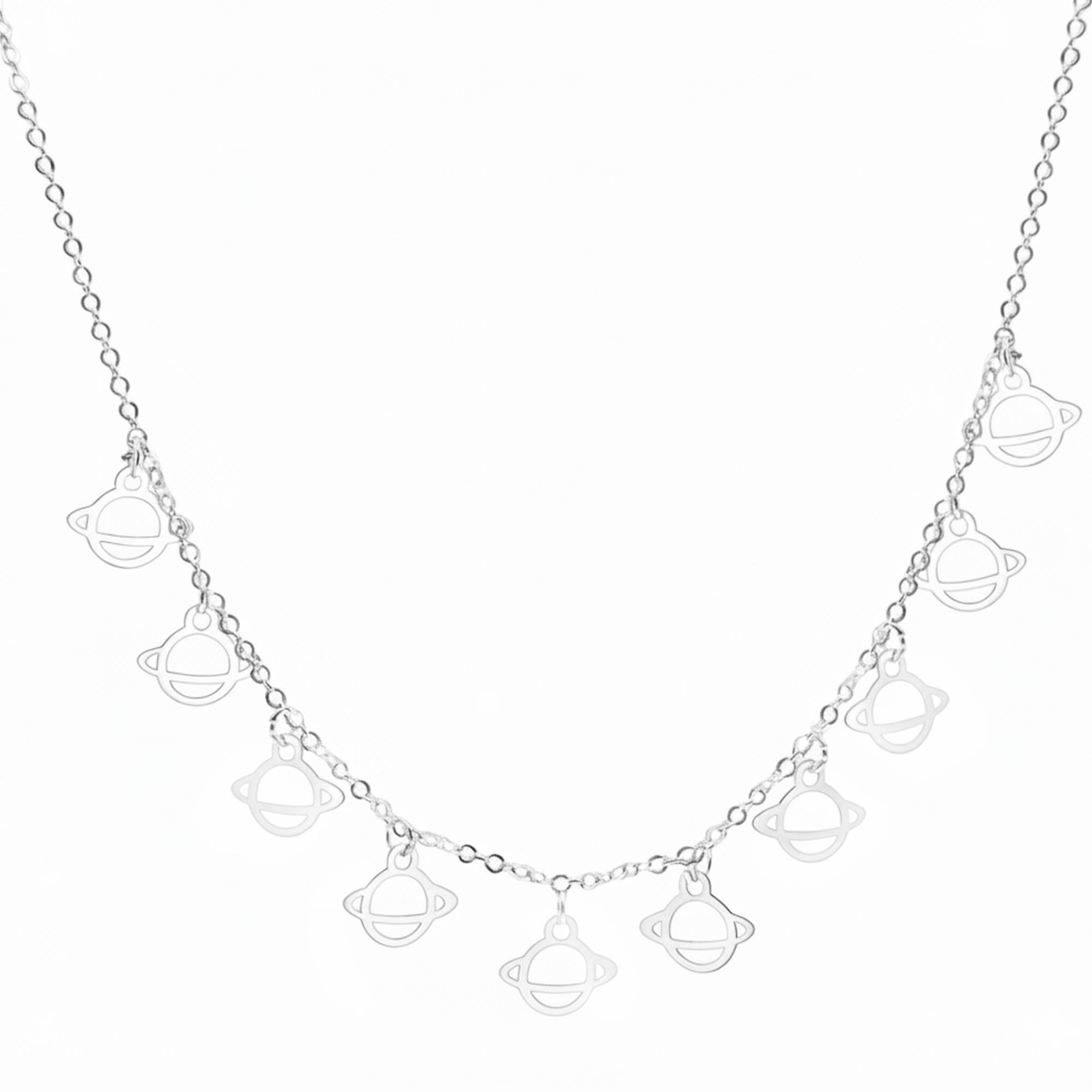 Collar Saturno Lisos Colgantes con Cadena Eslabones Plata .925