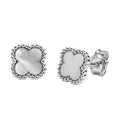 Arete Broquel Flor Mediano 9mm Clásico, Inspirado Van C Madre Perla Plata .925 con Baño de Rodio