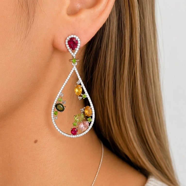 Aretes de Gota Piedras Preciosas, Turmalina, Citrino, Amatista, Agua Marina Plata .925 con Baño de Rodio