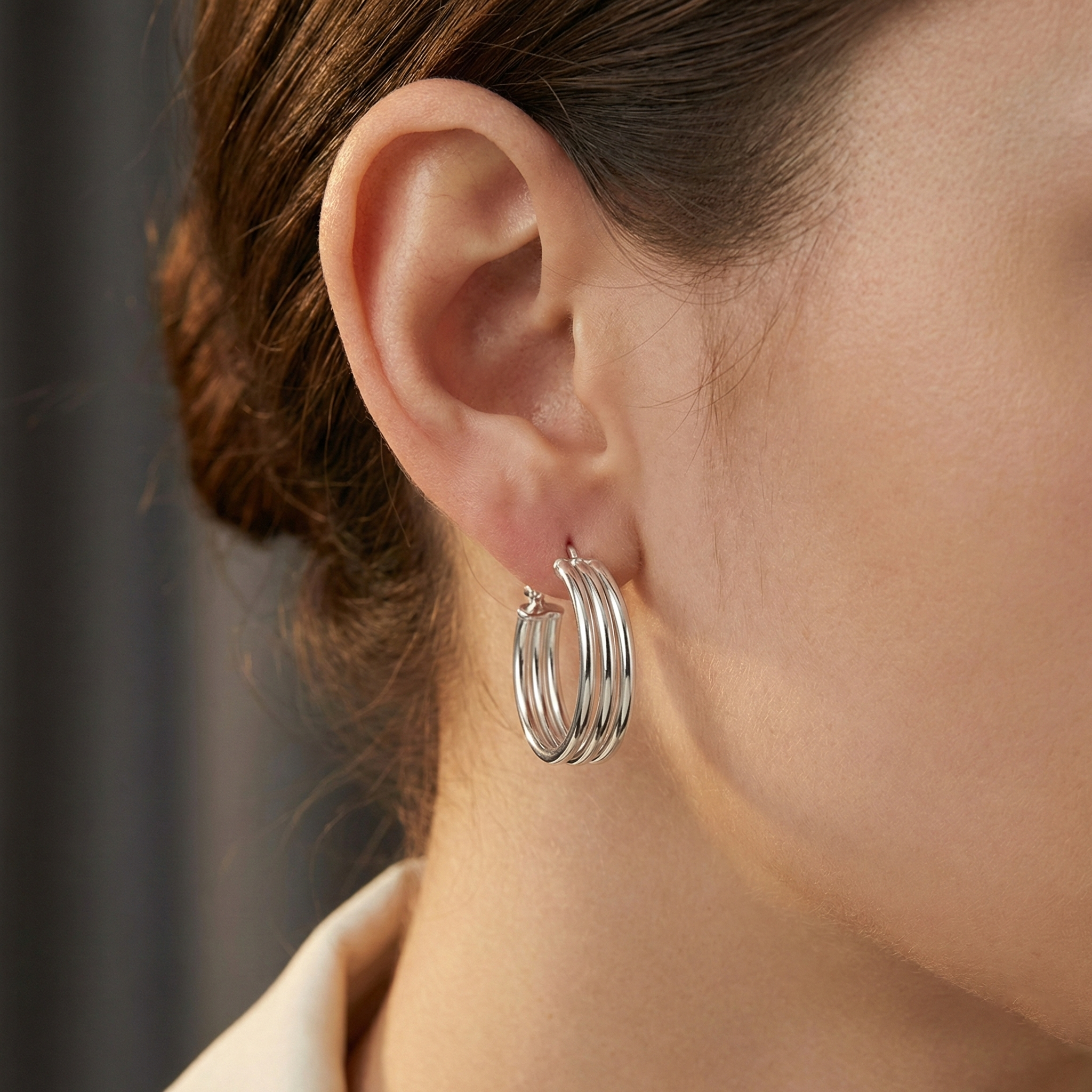 Arracadas de tubo 3 Lineas Lisas Hecha a Mano de 1.6 cm Plata .925