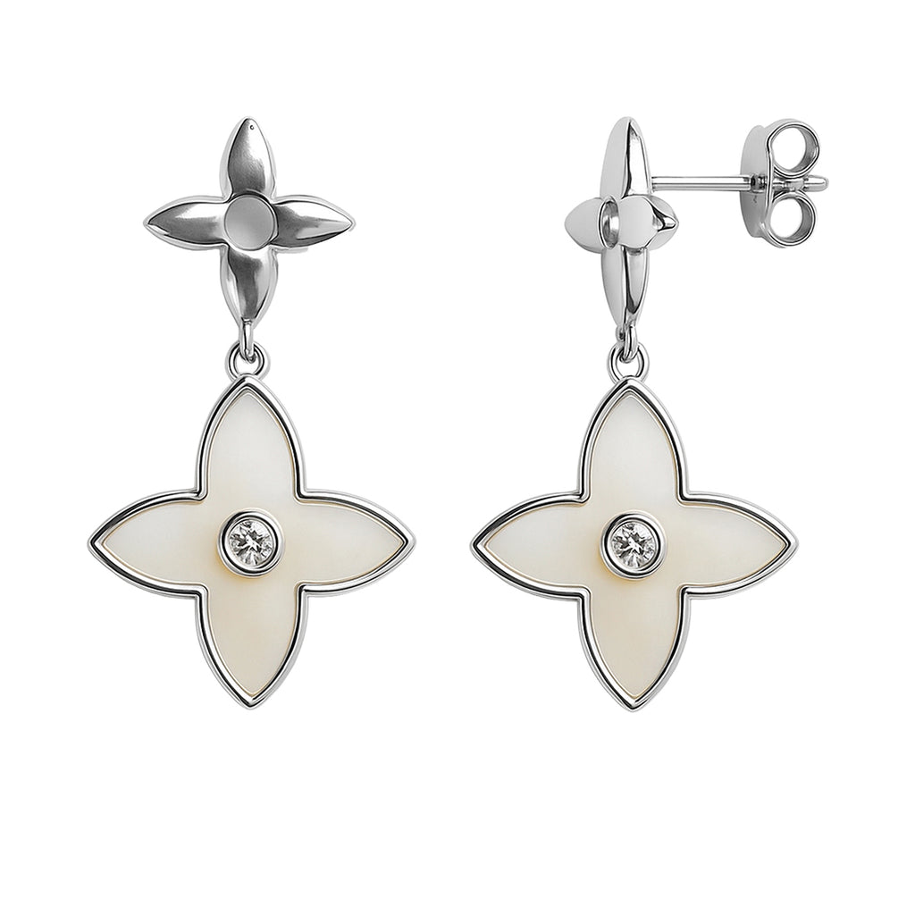 Arete Flor Mediano Inspirado LV con Piedras Naturales Plata .925 con Baño de Rodio