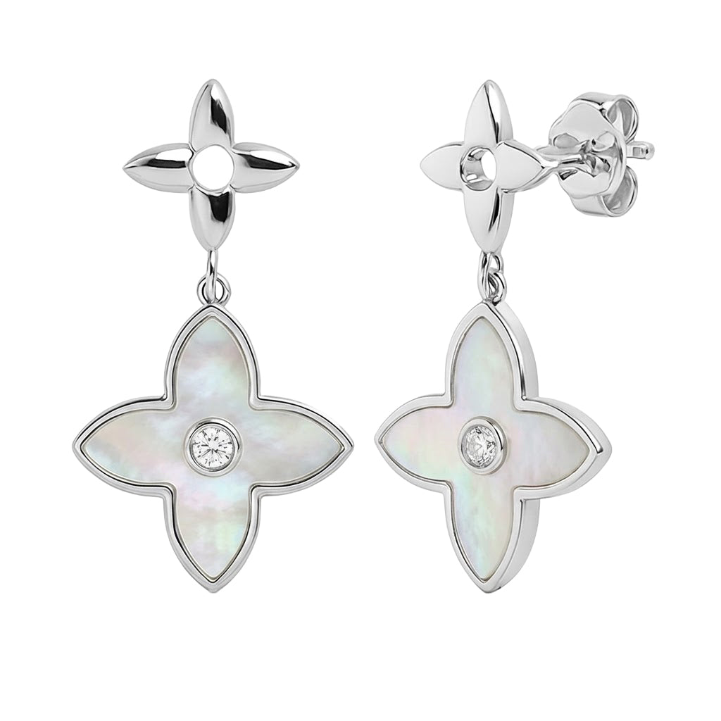 Arete Flor Mediano Inspirado LV con Piedras Naturales Plata .925 con Rodio