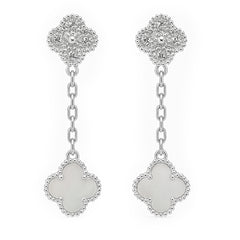 Arete Flor Largo Inspirado Van C Madre Perla con Micro Circonias y Cadena Paper Clip Plata .925 con Baño de Rodio