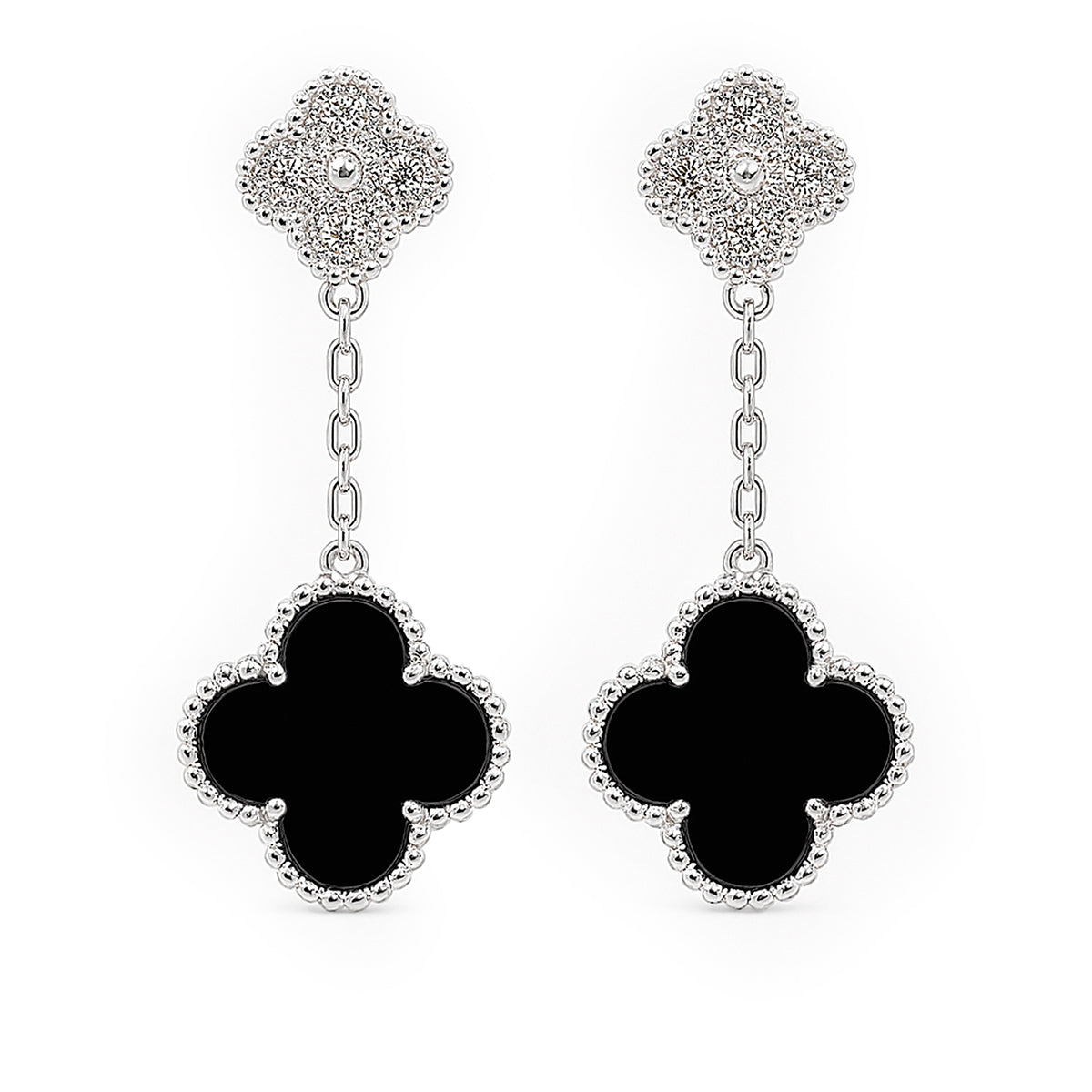 Arete Flor Largo Inspirado Van C con Micro Circonias y Cadena Paper Clip Plata .925 con Rodio