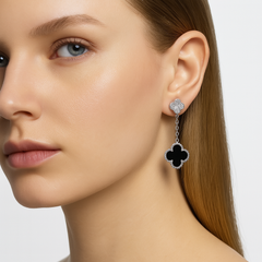 Arete Flor Largo Inspirado Van C con Micro Circonias y Cadena Paper Clip Plata .925 con Rodio