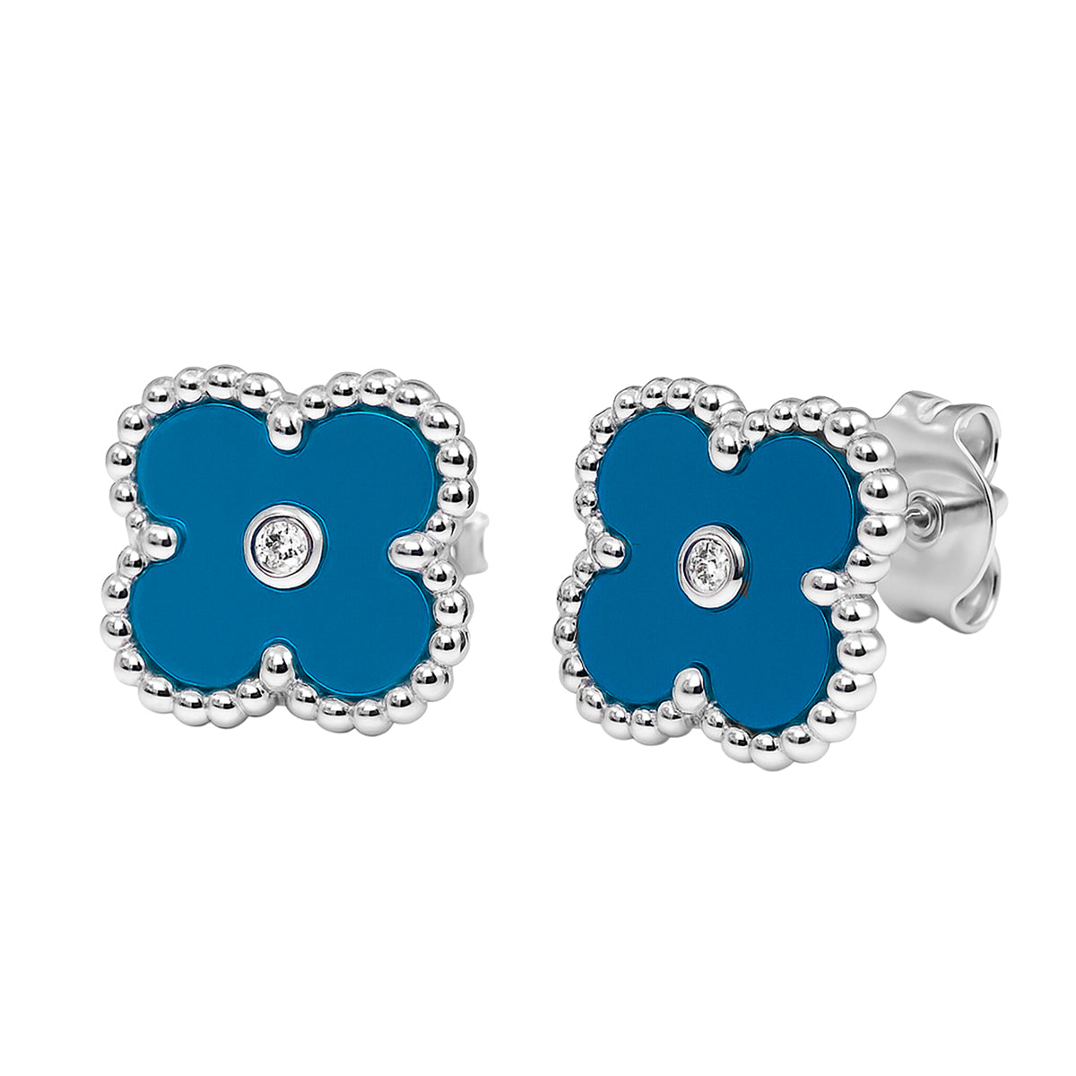 Broquel Flor Mediana Inspirado Van C con Piedra y Circonia en Medio Plata .925