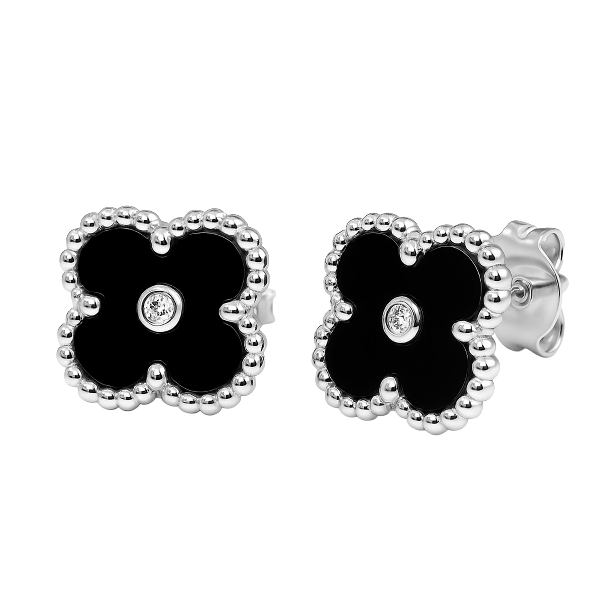 Arete Broquel Flor Mediana Inspirado Van C con Piedra y Circonia en Medio Plata .925