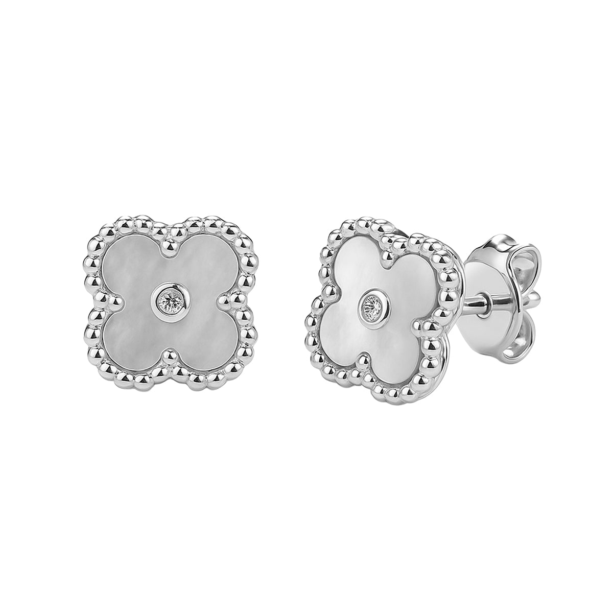 Broquel Flor Mediana Inspirado Van C con Piedra y Circonia en Medio Plata .925