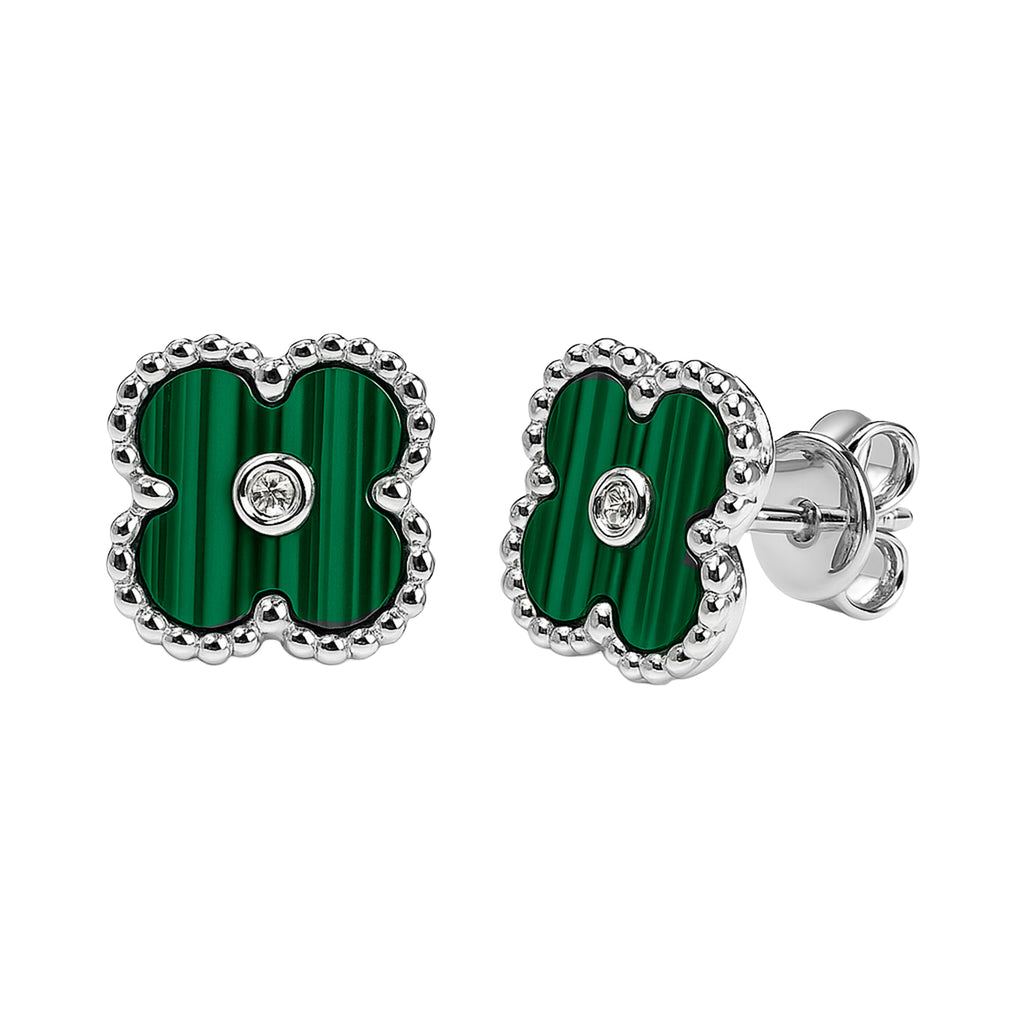 Arete Broquel Flor Mediana Inspirado Van C con Piedra y Circonia en Medio Plata .925
