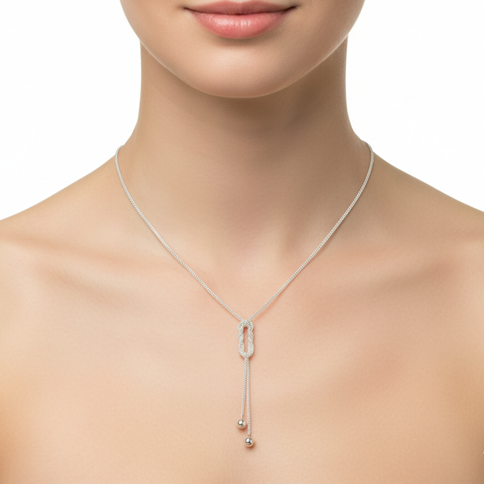 Collar Estilo Corbatero con Nudos y Bolitas Lisas Plata .925