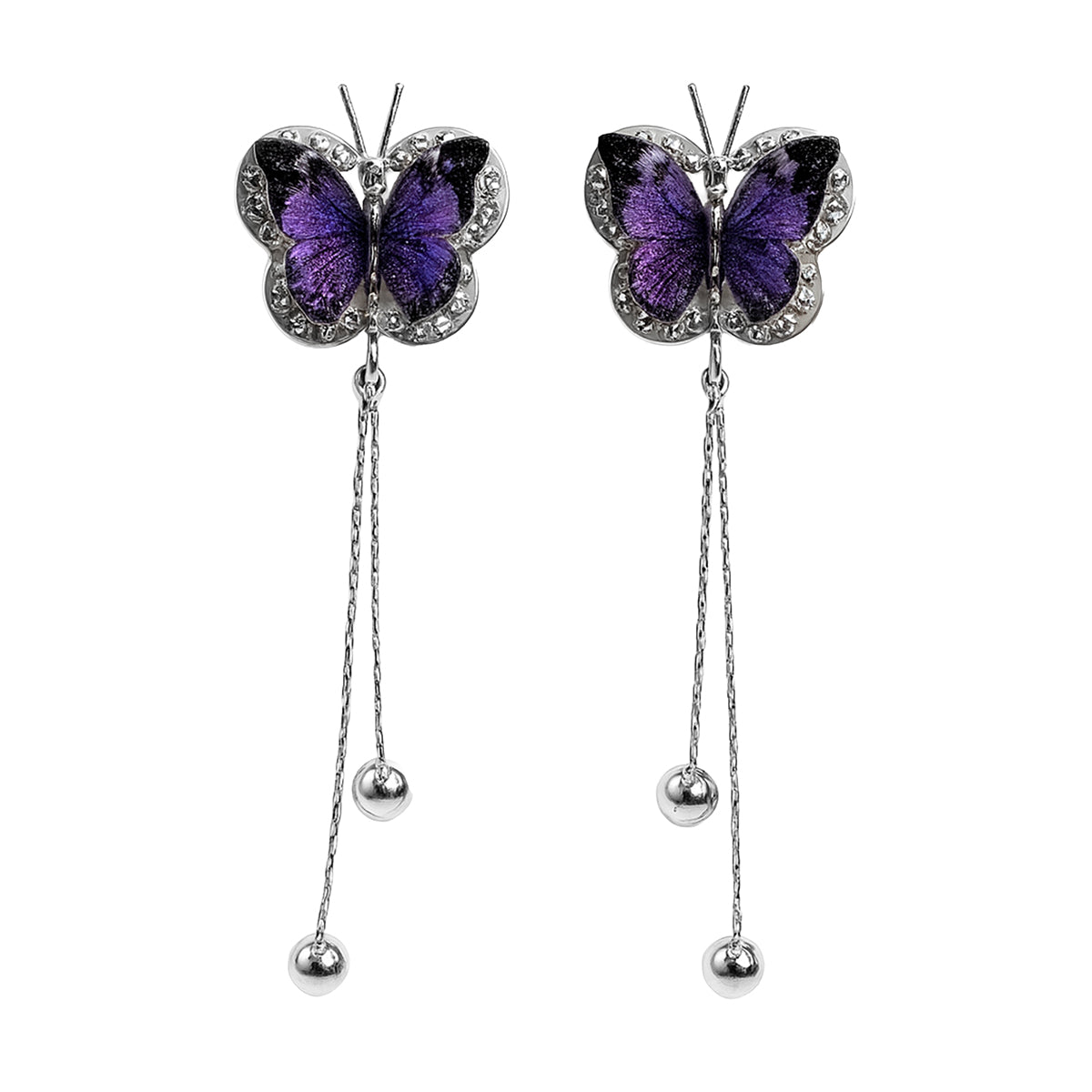 Arete Largo Mariposa con Cristales Bicolor y Cadena Cola de Rata Plata .925