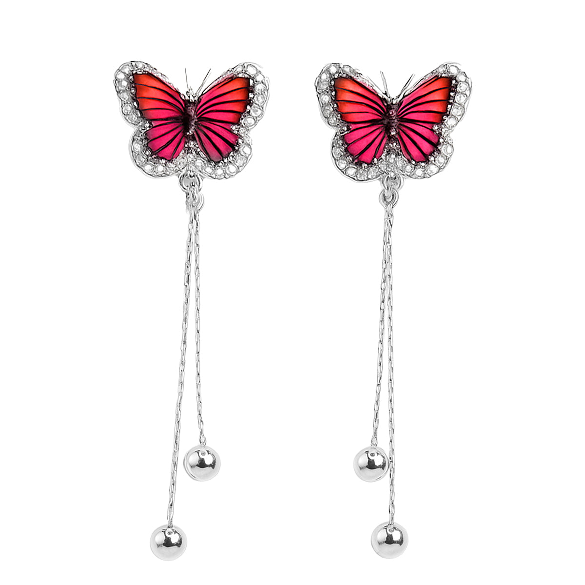 Arete Largo De Mariposa Con Cristales Naranjas Y Cadena Cola De Rata Plata .925