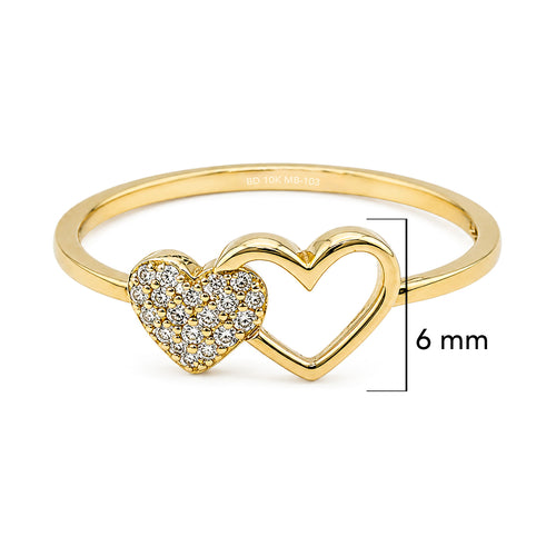 Anillo Dos Corazones y Micro Circonias Oro 10K