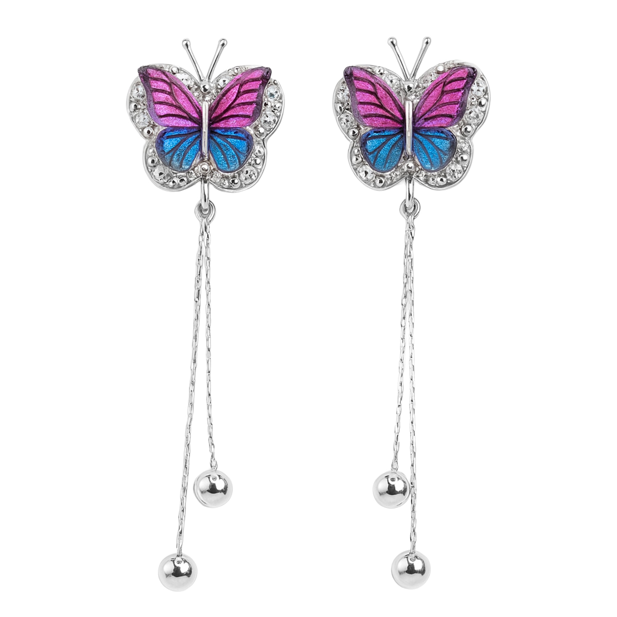 Arete Largo De Mariposa Con Cristales Azules Y Rosas Cadena Cola De Rata Plata .925