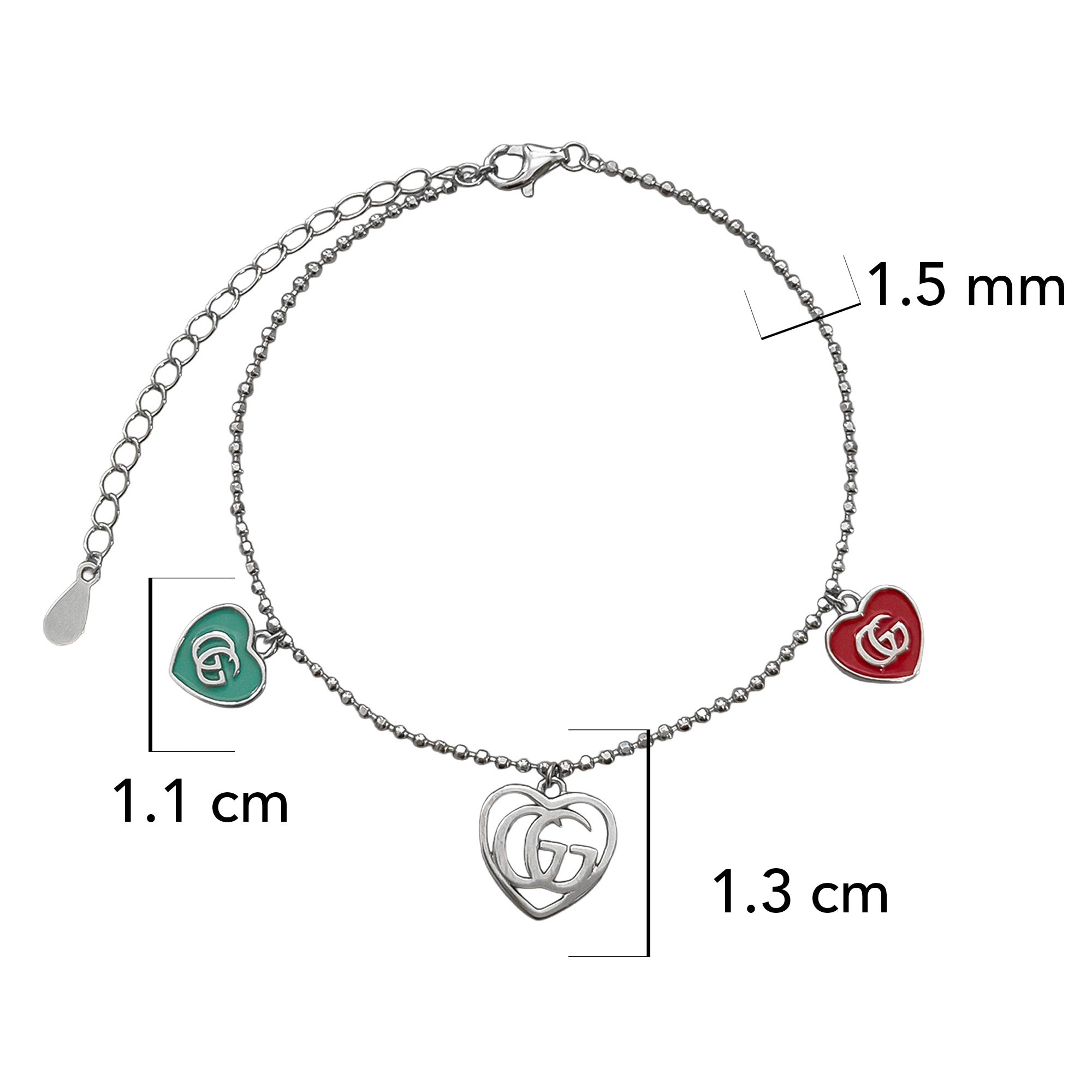 Pulsera Inspirada GG 3 Corazones con Esmalte Plata .925 con Baño de Rodio