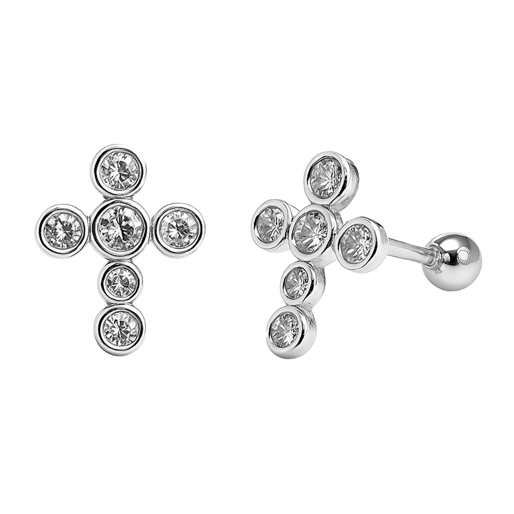Arete Broquel Cruz con Circonias Circulares Biseladas Plata .925
