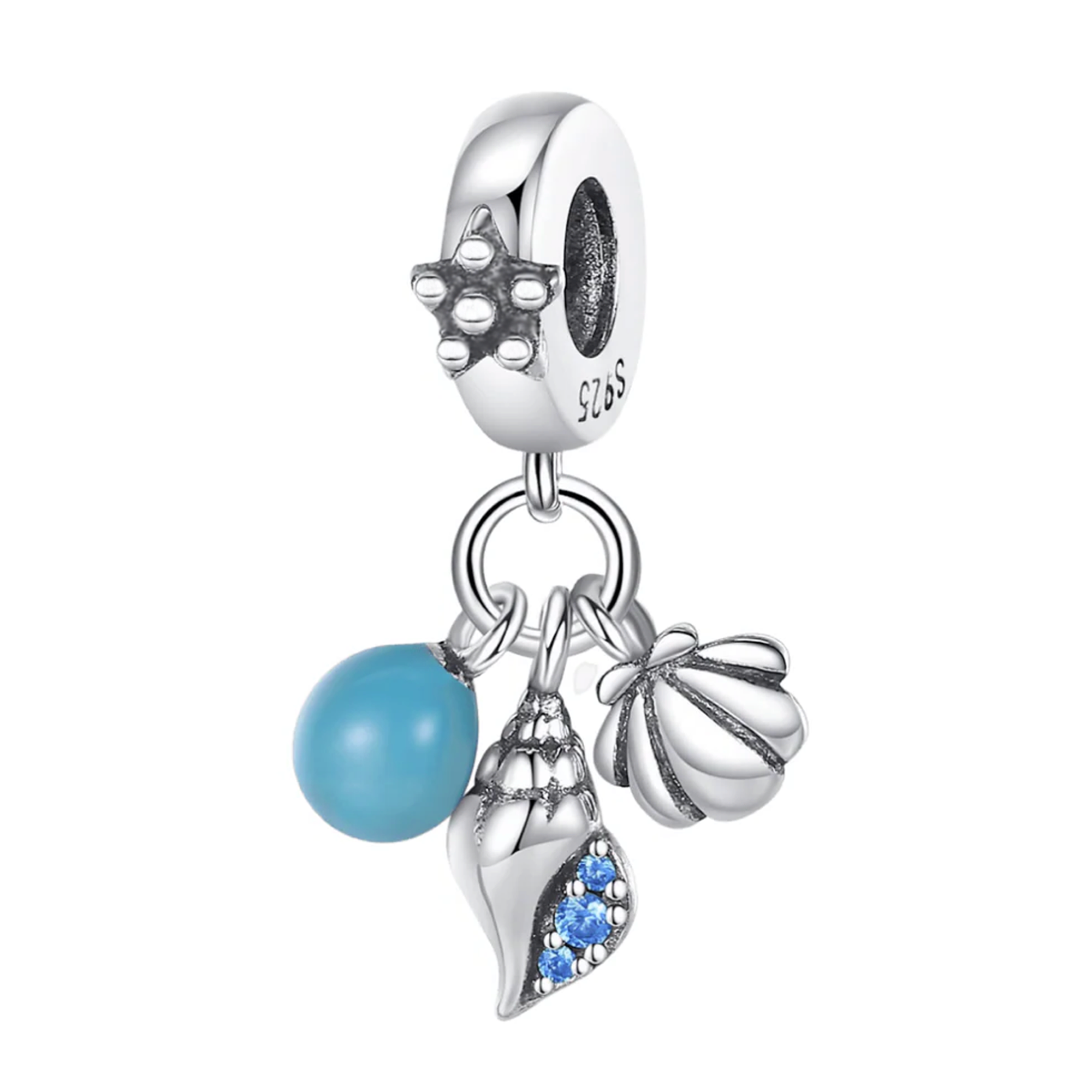 Charm Inspirado Pan 1:1 Almeja, Concha y Piedra Azul Plata .925