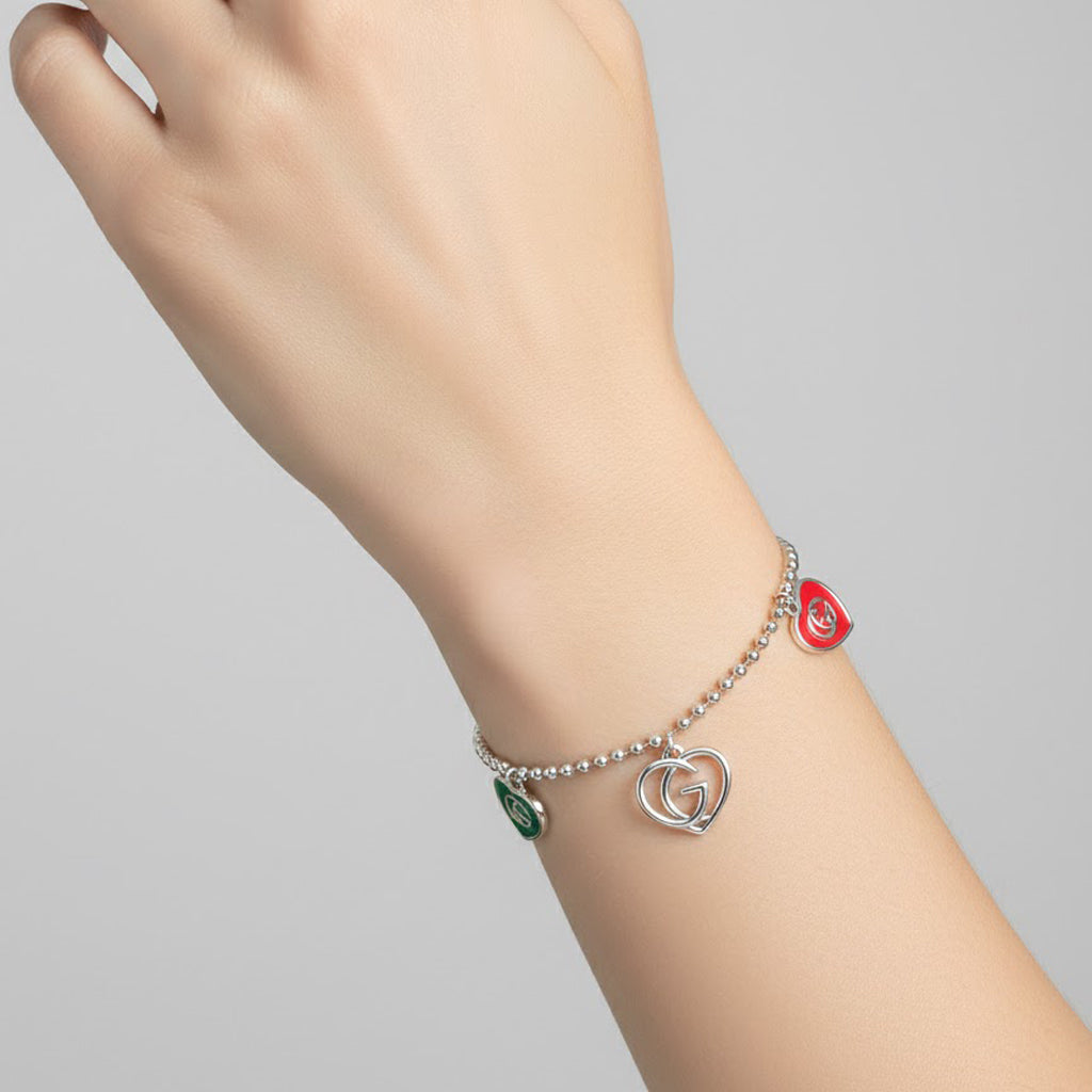Pulsera Inspirada GG 3 Corazones con Esmalte Plata .925 con Rodio