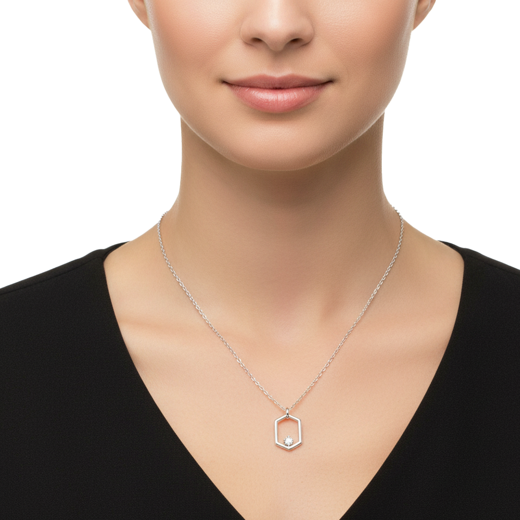 Collar Hexágono Silueta con Micro Circonias Plata .925