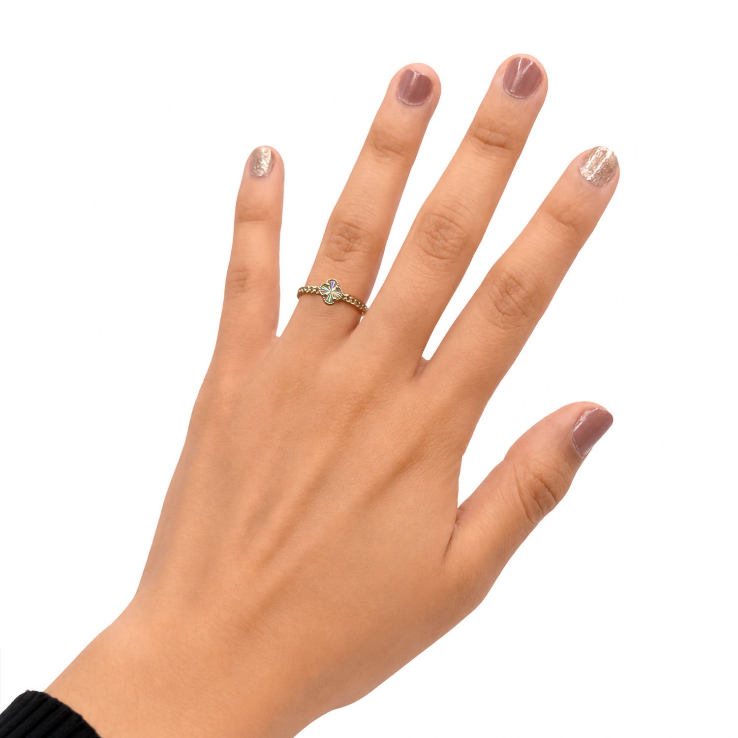 Anillo Inspirado Flor Van C Diamantado con Eslabones Oro 10K