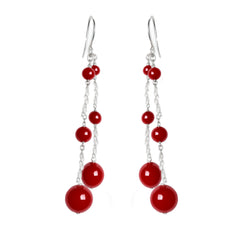 Arete Largo con Bolitas Ágata Rojas Hecho a Mano Plata .925
