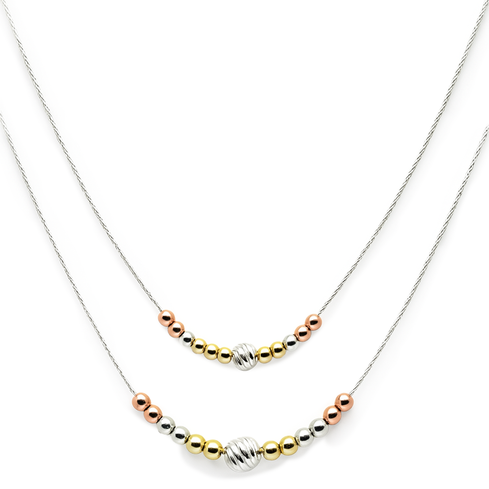 Collar Doble Bolitas Lisas con Baño Tres Oros  Plata .925