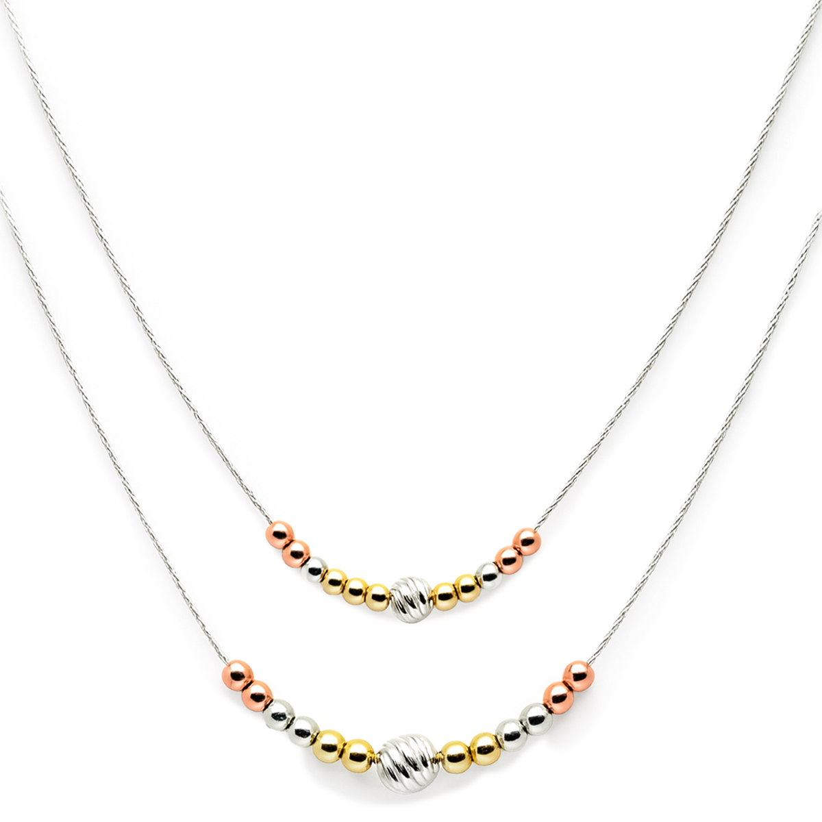 Collar Doble Bolitas Lisas con Baño Tres Oros  Plata .925