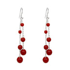 Arete Largo con Bolitas Ágata Rojas Hecho a Mano Plata .925