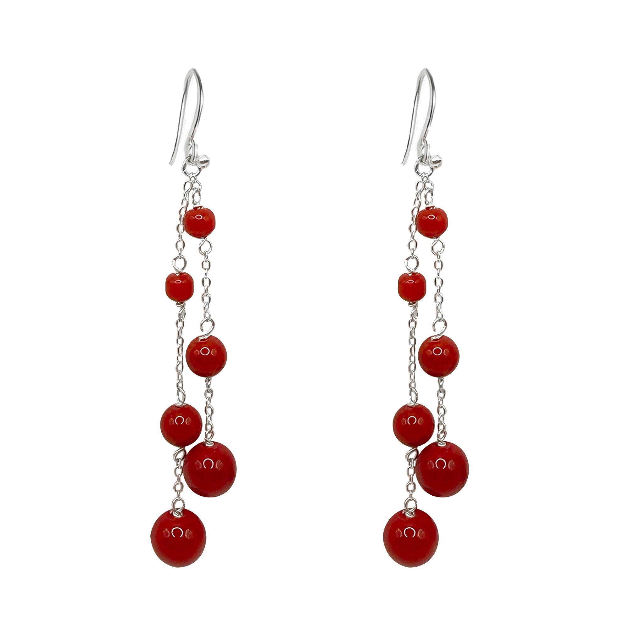 Arete Largo con Bolitas Ágata Rojas Hecho a Mano Plata .925