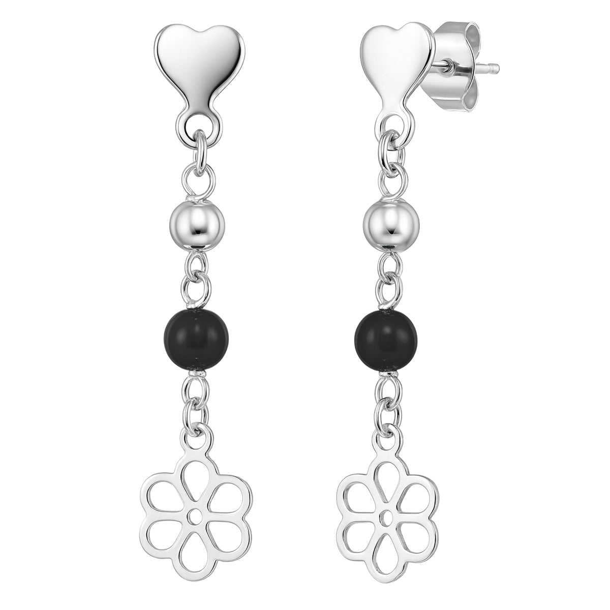 Arete Largo Flor Calada Con Ónix Negro Plata .925