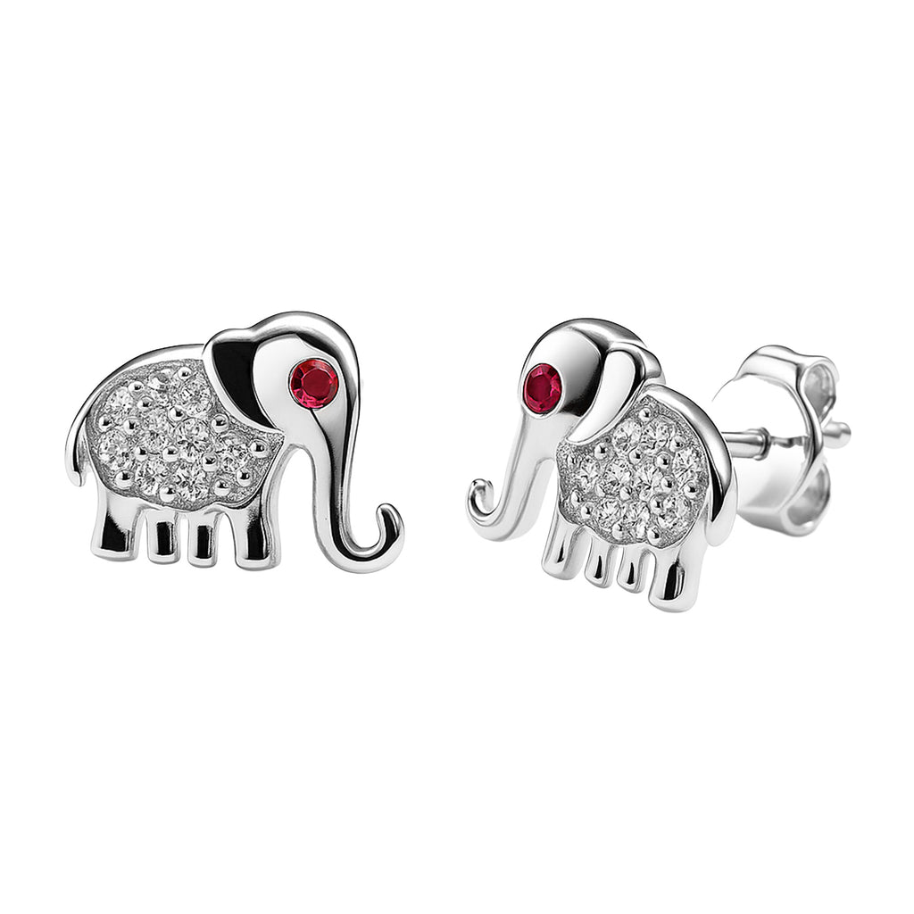 Arete Broquel Elefante con Circonias Blancas Ojito Rojo Plata .925
