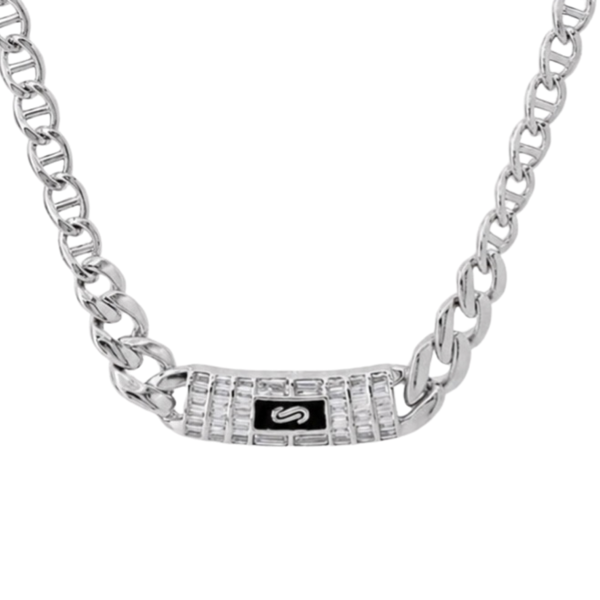 Collar Inspirado Mónaco 40 cm más extensión a 45 cm, Circonias Baguette con Cadena Cubana en disminución y Cadena Gucci. Plata .925 con Baño de Rodio