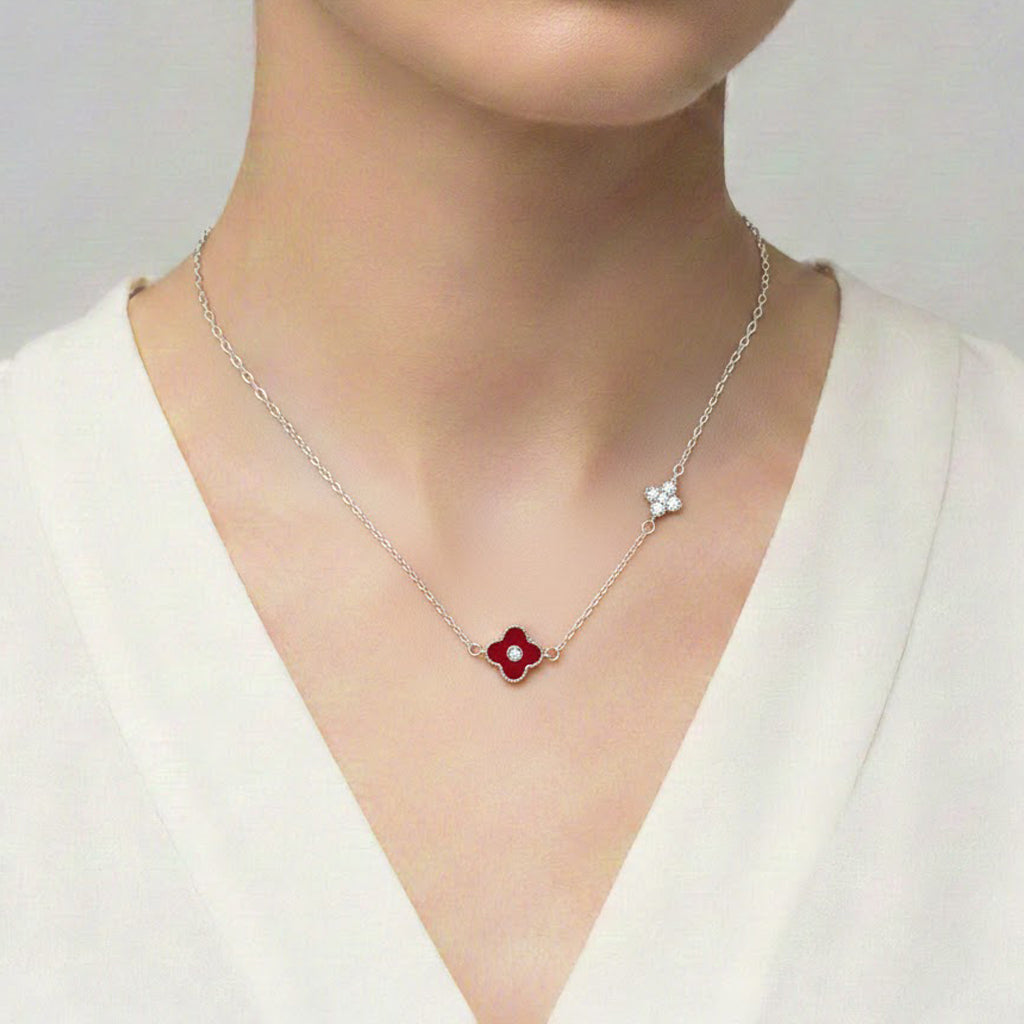 Collar Flores Inspirado Van C Piedra Natural con Micro Circonias Plata .925 con Baño de Rodio