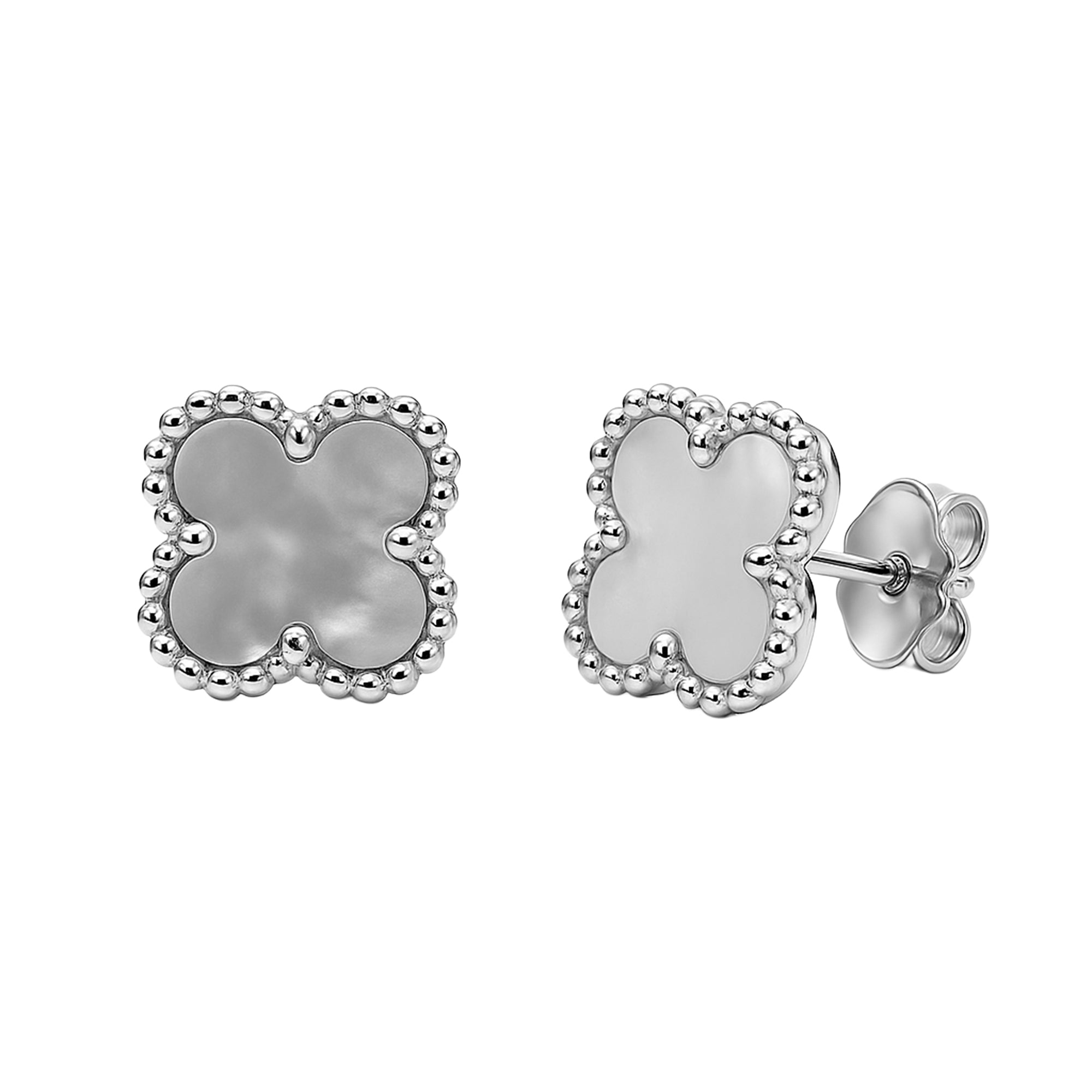 Broquel Flor Grande 1.1 cm,  Inspirado Van C con Piedras Naturales Plata .925 con Baño de Rodio