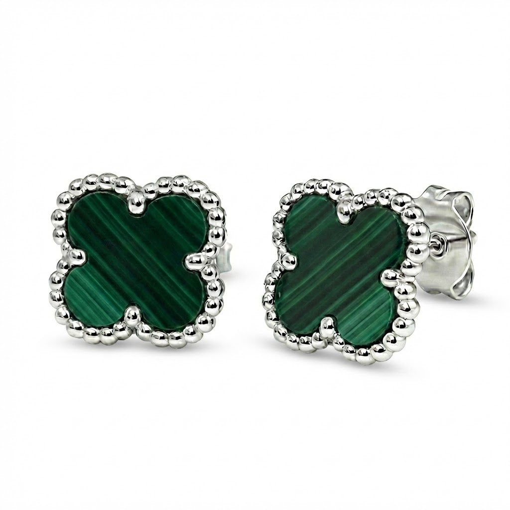 Broquel Flor Grande 1.1 cm,  Inspirado Van C con Piedras Naturales Plata .925 con Baño de Rodio