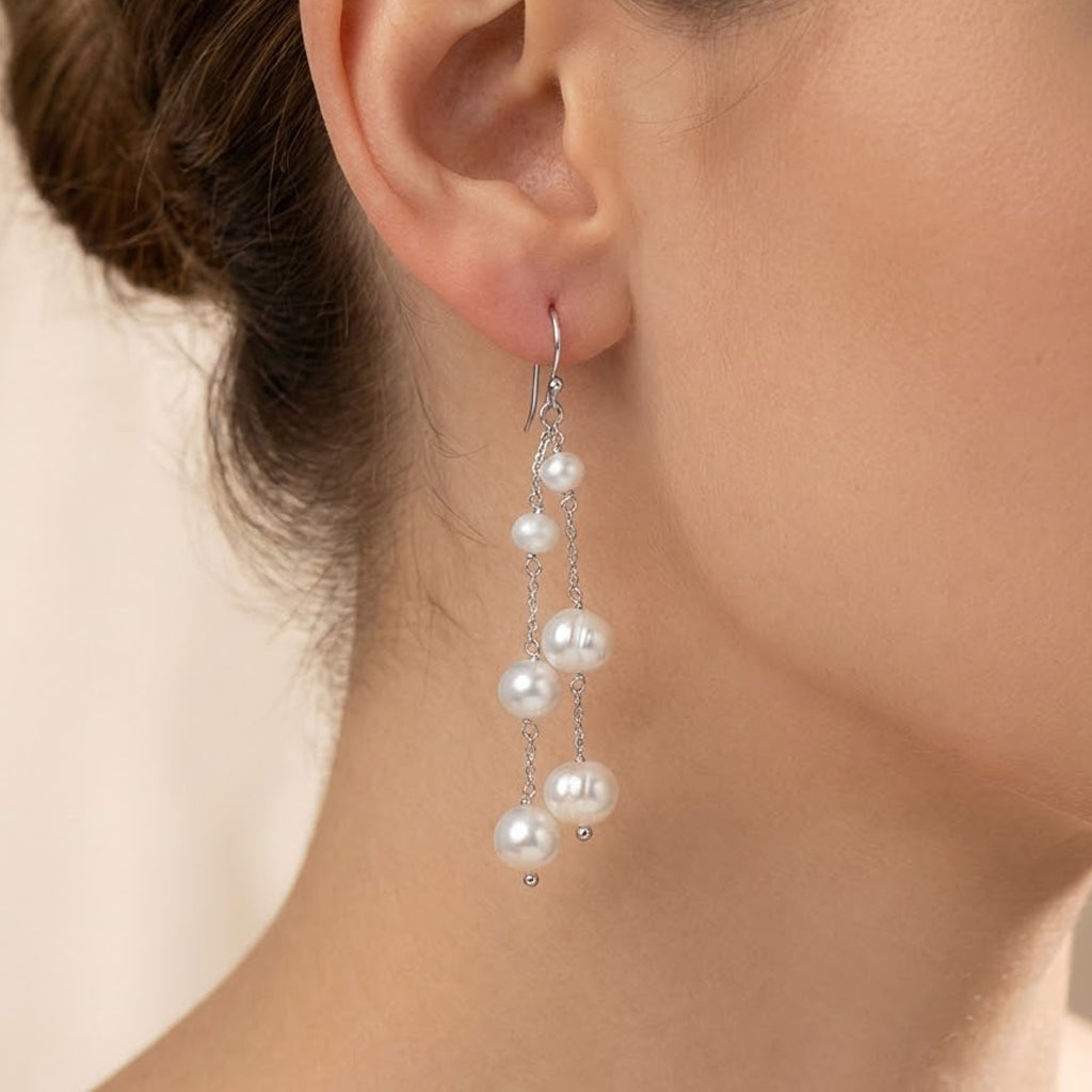 Arete Largo Doble con Perla Natural Hecho a Mano Plata .925