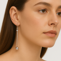 Arete Largo Cadena Cubana con Bolita Hecho a Mano Plata .925