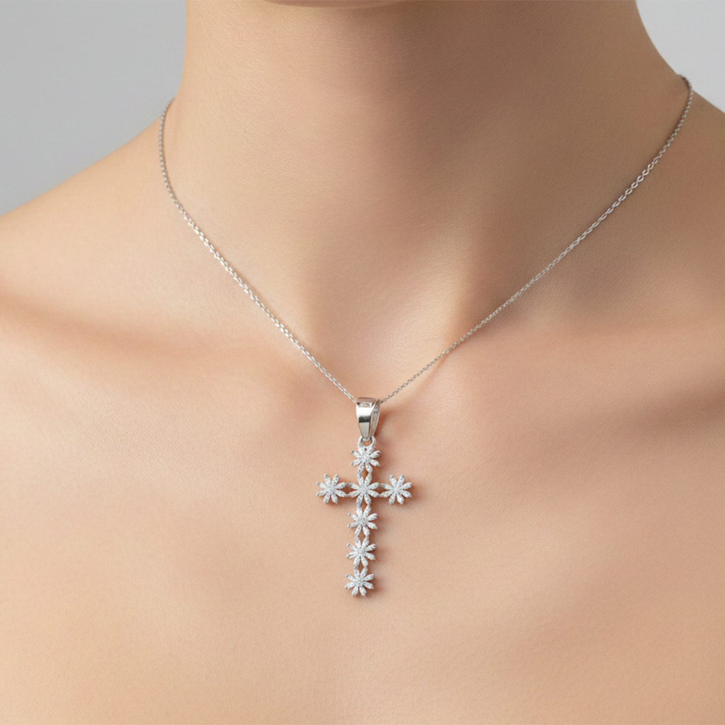 Dije de Cruz con Flores Circonias Baguette de 4.3cm Plata .925
