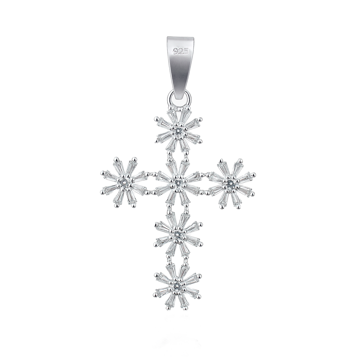 Dije de Cruz con Flores Circonias Baguette de 4.3cm Plata .925