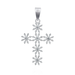 Dije de Cruz con Flores Circonias Baguette de 4.3cm Plata .925