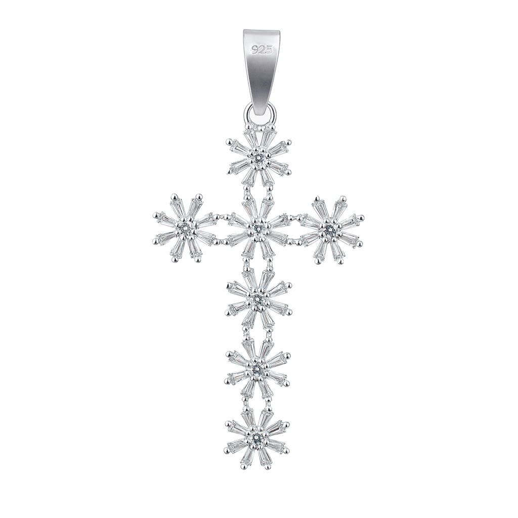 Dije de Cruz con Flores Circonias Baguette de 4.3cm Plata .925