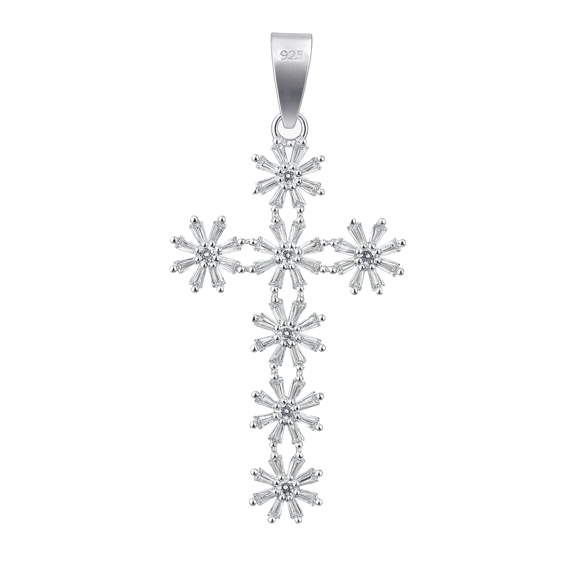 Dije de Cruz con Flores Circonias Baguette de 4.3cm Plata .925