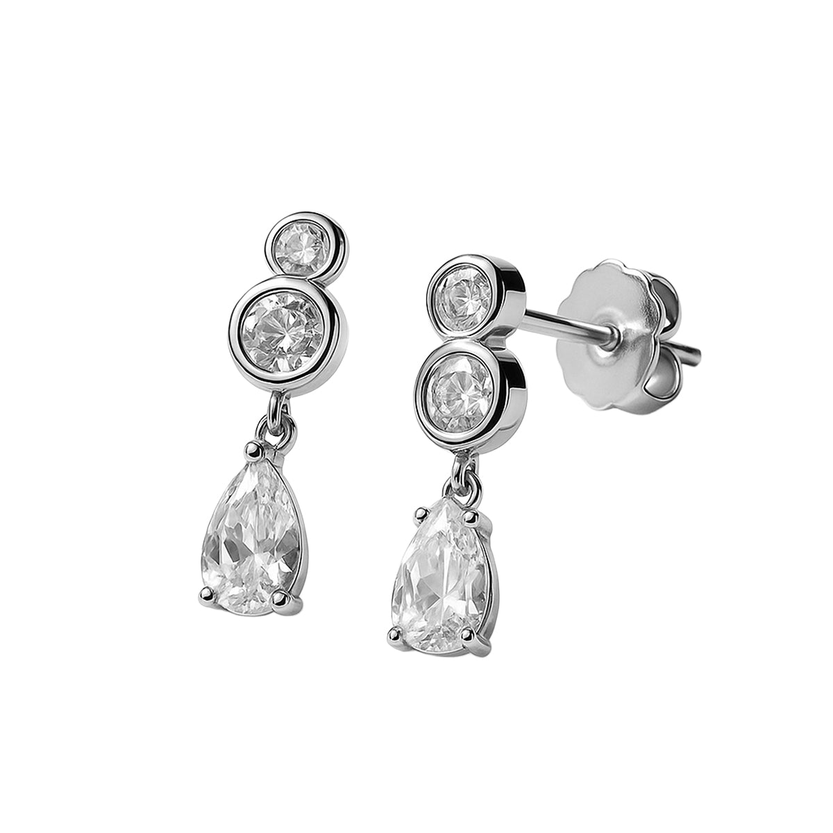 Arete Broquel Circonia con Gota Colgante Plata .925 con Baño de Rodio