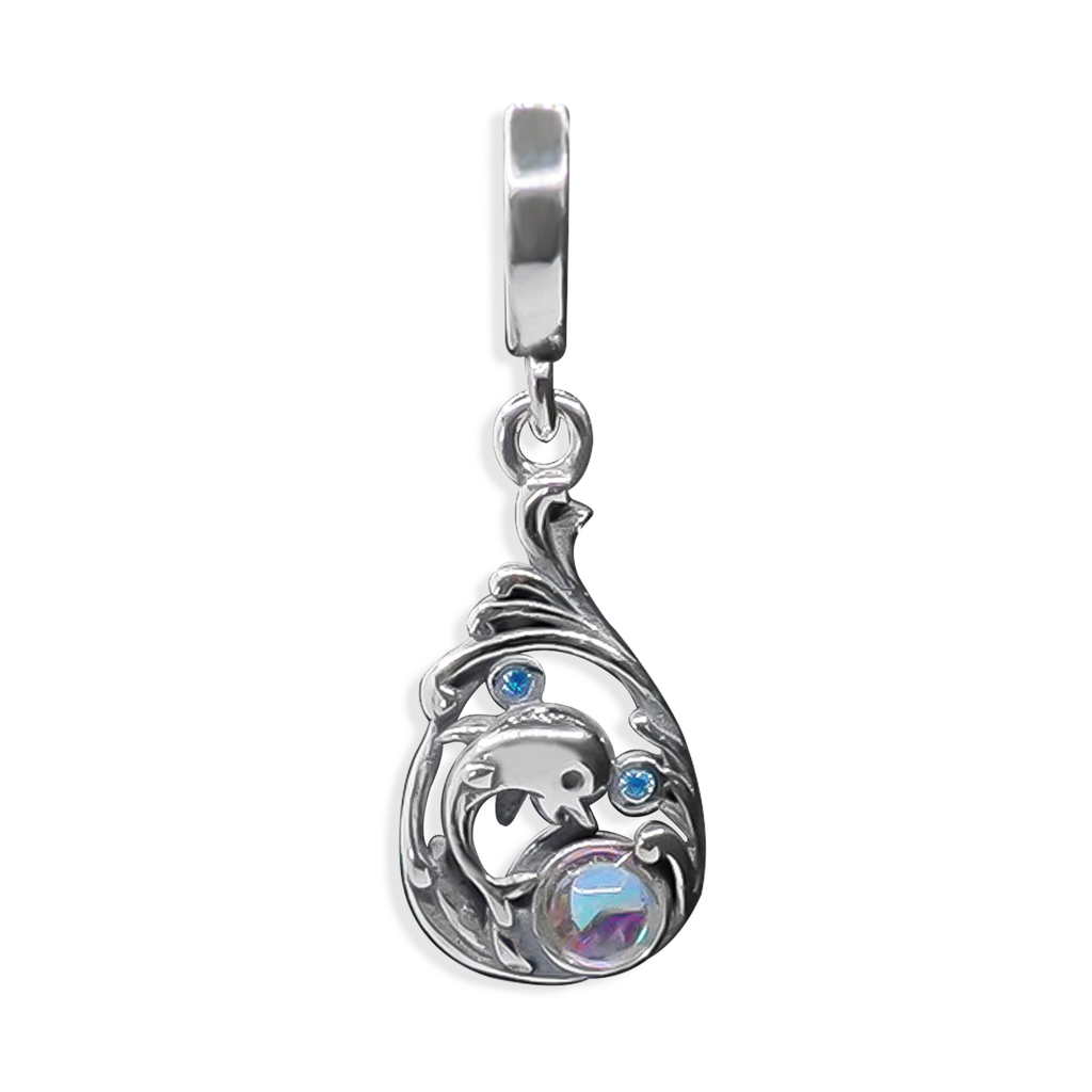 Charm Inspirado Pan 1:1 Delfin con Piedra Luna Plata .925