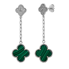 Arete Flor Largo Inspirado Van C Malaquita Verde con Micro Circonias y Cadena Paper Clip Plata .925 con Baño de Rodio