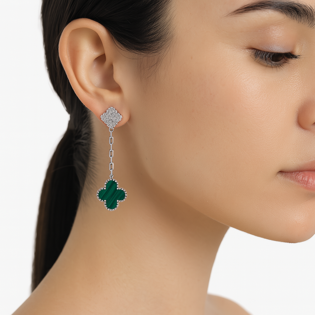 Arete Flor Largo Inspirado Van C con Micro Circonias y Cadena Paper Clip Plata .925 con Baño de Rodio