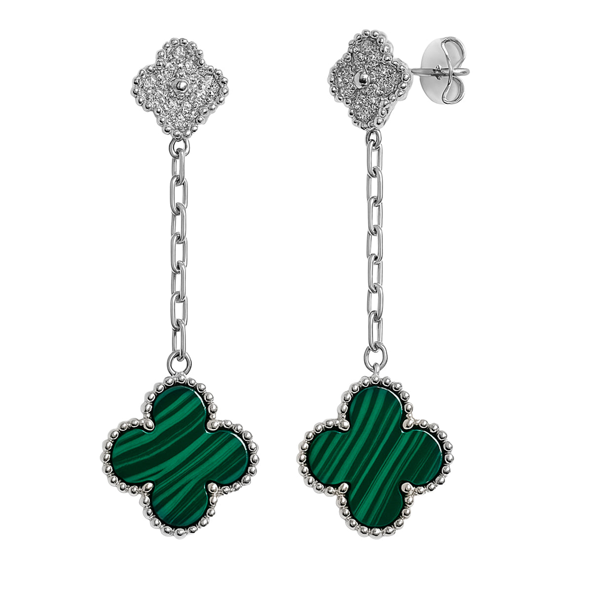 Arete Flor Largo Inspirado Van C con Micro Circonias y Cadena Paper Clip Plata .925 con Baño de Rodio