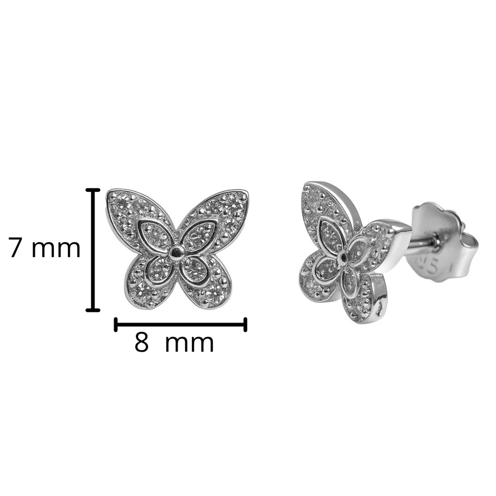 Broquel Mariposa Alas Picudas con Micro Circonias Plata .925 con Baño de Rodio
