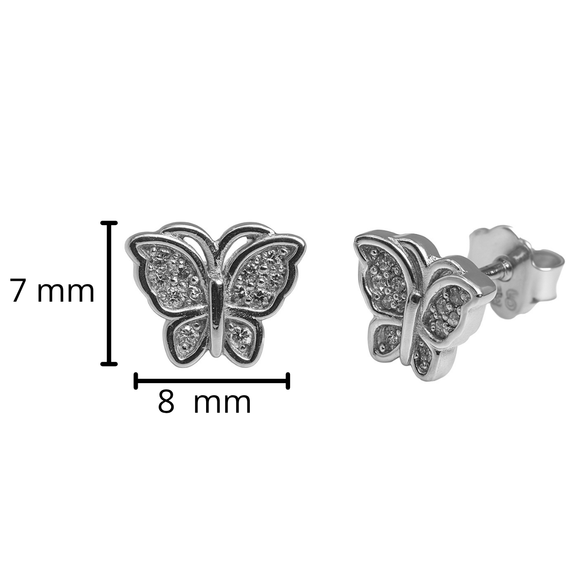 Broquel Mariposa Biselada con Micro Circonias Plata .925 con Baño de Rodio