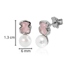 Broquel Inspirado Osos 1:1 Doble Piedra Cuarzo Rosa y Perla de Río Plata .925 con Baño de Rodio